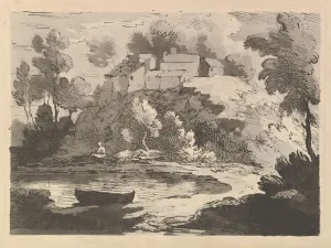 Hilly River Landscape, a Boat in the Water at Foreground Left, a Figure on the Far Shor Hilly River Landscape, a Boat in the Water at Foreground Left, a Figure on the Far Shor