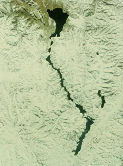 The Himalayas between China and Tibet, seen from aboard the second Space Shuttle flight, 1981