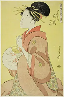 Chojiya Prints: Hinazuru of the Chojiya, Whose Attendants Are Tsuruji and Tsuruno (Chojiya uchi Hinazuru)