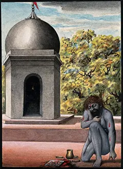 Crouching Prints: A Hindu ascetic or holy man, performing austerities outside a temple (?)