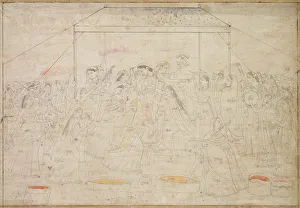 Kangra Prints: Hindu God Krishna Being Dressed in Womens Clothes for Spring Festival Holi, c. 1790