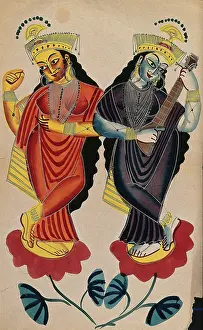 Castanets Prints: Hindu goddesses Lakshami and Saraswati playing castanets and a tambura. Creator: Unknown