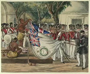 Caste System Prints: Hindu priest garlanding the flags of the 35th Bengal Light Infantry