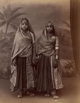 Images Dated 10th August 2020: Two Hindu Women in Elaborate Jewelry, Before Studio Backdrop with Palm Trees, 1860s-70s