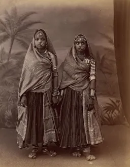 Nose Ring Prints: Two Hindu Women in Elaborate Jewelry, Before Studio Backdrop with Palm Trees, 1860s-70s