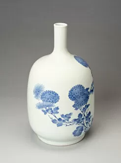Hirado Ware Sake Bottle with Design of Chrysanthemums, 19th century. Creator: Unknown