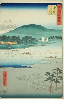 Hiratsuka: Ferry on the Banyu River and Distant View of Mount Oyama (Hiratsuka, Banyugawa... 1855. Creator: Ando Hiroshige)