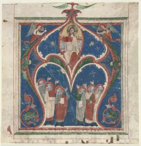 And Gold On Parchment Prints: Historiated Initial (A) Excised from an Antiphonary: Christ in Majesty with Prophets, c