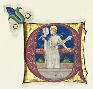 And Gold On Parchment Gallery: Historiated Initial (E) Excised from an Antiphonary: Risen Christ in the Tomb, c. 1420-1450