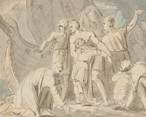Hamilton William Gallery: Historical Subject with Men and a Boy Near a Ship (recto)... 1770-80