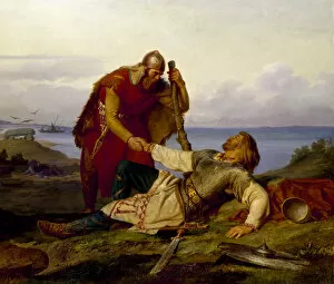 Viking Gallery: Hjalmar bids farewell to Orvar-Oddr after the Battle of Samso, 1866. Creator: Winge