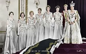 Colorised Collection: HM Queen Elizabeth II with her Maids of Honour, The Coronation, 2nd June 1953. Artist: Cecil Beaton