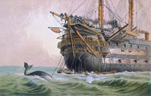 Rigging Prints: HMS Agamemnon laying the original Atlantic cable, 1850s. Creator: Robert Charles Dudley