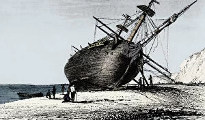 Sailing Ship Collection: HMS Beagle laid ashore, Rio Santa Cruz, Patagonia, South America, 1834 (1839)