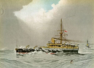 White Ensign Gallery: HMS Hero, Royal Navy 2nd class battleship, c1890-c1893.Artist: William Frederick Mitchell