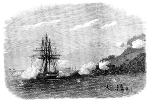 Bombarding Prints: H.M.S. Rinaldo bombarding Salangore, in the Strait of Malacca, 1871. Creator: Unknown
