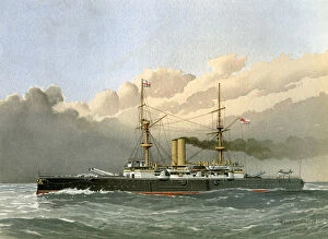 HMS Royal Sovereign, Royal Navy 1st class battleship, c1890-c1893.Artist: William Frederick Mitchell