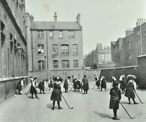 Playground Prints: Hockey game, Myrdle Street Girls School, Stepney, London, 1908