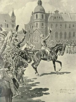 Pretoria Prints: Hoisting the British flag at Pretoria: Lord Roberts Leading Cheers for the Queen
