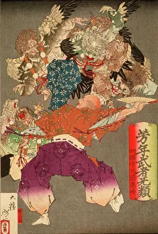Hojo Takatoki, Lord of Sagami, Warding Off Tengu with His Fan, 1883. Creator: Tsukioka Yoshitoshi