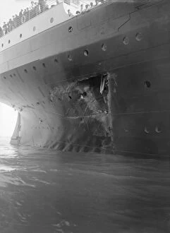 Ocean Liner Gallery: Hole torn in the hull of RMS Olympic after the collision with HMS Hawke in the Solent, 1911