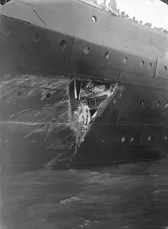 Hole torn in the hull of RMS Olympic after the collision with HMS Hawke in the Solent, 1911