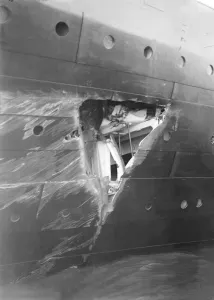 Hole torn in the hull of RMS Olympic after the collision with HMS Hawke in the Solent, 1911