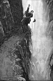 Holmes and Moriarty fighting over the Reichenbach Falls. Illustration for the short story The Final Problem by Arthur