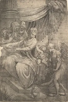 Andrea Schiavone Prints: The Holy Family, an angel holding flowers approaching from the right, ca. 1550-53