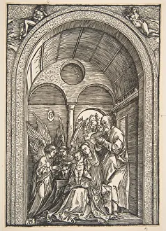 Vaulted Prints: The Holy Family with Two Angels in a Vaulted Hall, ca. 1503. Creator: Albrecht Durer