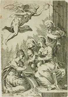 Mazzola Francesco Prints: Holy Family Crowned by an Angel, 1530/35. Creator: Master F. P