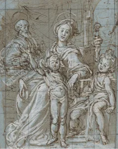 Over Black Chalk Prints: Holy Family with the Infant St. John the Baptist (recto); large-scale cropped sketches