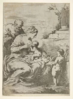 Bartolomeo Biscaino Collection: The Holy Family with the infant St John the Baptist at right, 1650-57