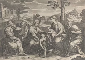 Vecellio Collection: The Holy Family at right, with the infant Saint John the Baptist, Elizabeth, Zacharias