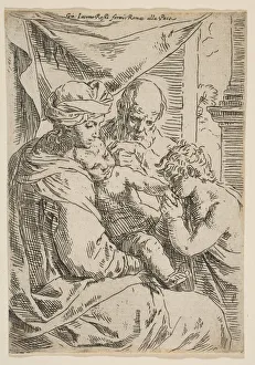 Il Pesarese Prints: Holy Family with Saint John the Baptist kissing the infant Christs hand, ca. 1642