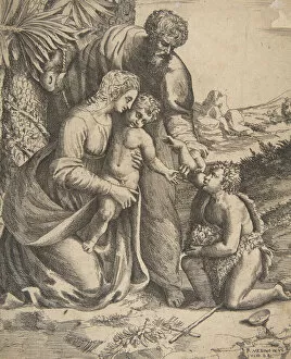 Raffaello Santi Gallery: Holy Family with Saint John the Baptist who kneels at the right, 1531-76
