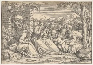 The Holy Family with saints Elizabeth and John, ca. 1550. Creator: Attributed to Nicolo Boldrini (Italian, Vicenza ca. 1500-after 1566 Venice)