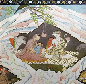 Ganesh Prints: The holy family seated in a cave on Mount Kailasa