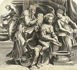 Bonasone Giulio Prints: The Holy Family with the Virgin Bathing the Christ Child