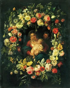 Joachim Prints: Holy Family in a Wreath of Flowers, 1636. Creators: Erasmus Quellinus, Frans Ijkens