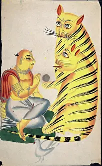 Legs Crossed Prints: A holy man with two tigers, (between 1860 and 1869?). Creator: Unknown