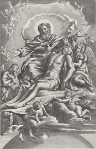 Dove Prints: The Holy Trinity, with the dead Christ at center surrounded by angels, God the Father