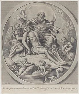 The Holy Trinity, with the dead Christ at center surrounded by angels, God the Father... 1650-90. Creator: Anon