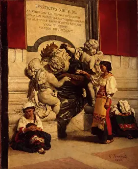 Sitting On Ground Prints: Holy Water Font by St Peter's Basilica in Rome