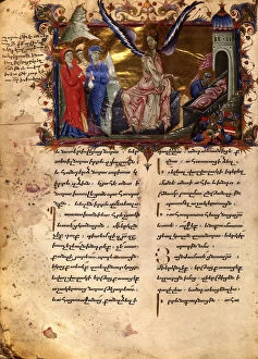 Armenian Church Gallery: Holy Women at Christs Tomb (Manuscript illumination from the Matenadaran Gospel), 1286