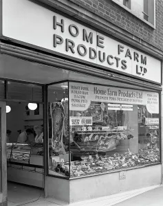 Sheffield Prints: Home Farm Products Ltd butchers shop front, Sheffield, South Yorkshire, 1966. Artist