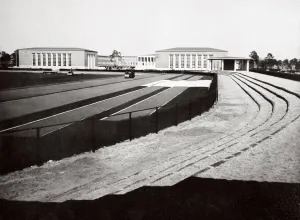 Swimming Baths Prints: The home of German sport and adjacent swimming hall, Berlin, Germany, 1936. Artist