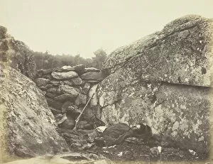 Dead Body Collection: Home of a Rebel Sharpshooter, Gettysburg, July 1863. Creator: Alexander Gardner