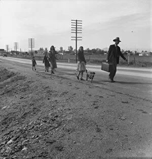 Displaced Gallery: Homeless family of seven, walking the highway... on U.S. 99, near Brawley, Imperial County, 1939