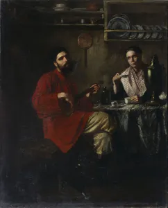 Homely scene of peasant life, 1855. Artist: Nevrev, Nikolai Vasilyevich (1830-1904) Homely scene of peasant life, 1855. Artist: Nevrev, Nikolai Vasilyevich (1830-1904)